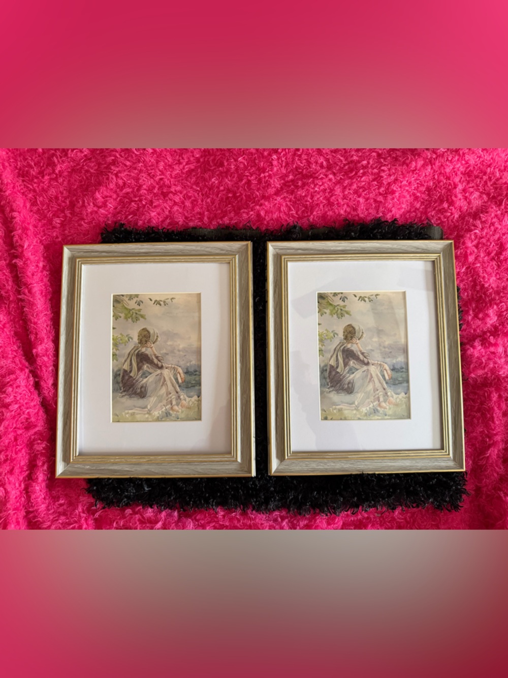 Set of 2 Vintage Gold-Toned Framed Prints with Matting - Artwork or frames